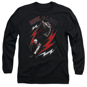 Black long sleeve T-shirt featuring AC/DC Live graphic with a rock guitarist and red lightning bolts.