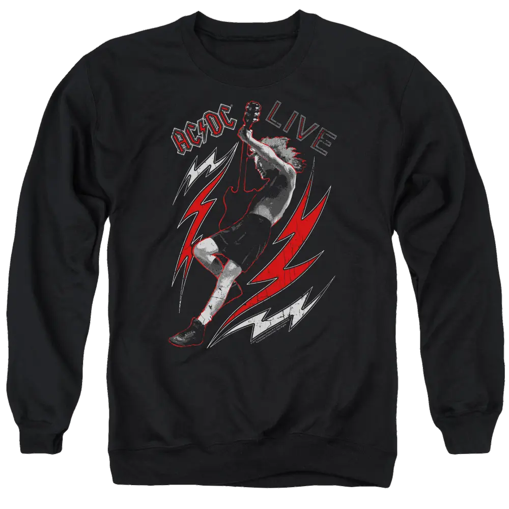 Black crewneck sweatshirt with AC/DC Live graphic of lead singer and red lightning bolts on front.