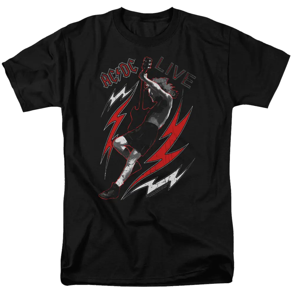 Black men's t-shirt with AC/DC live concert design featuring a guitarist and red lightning bolts.