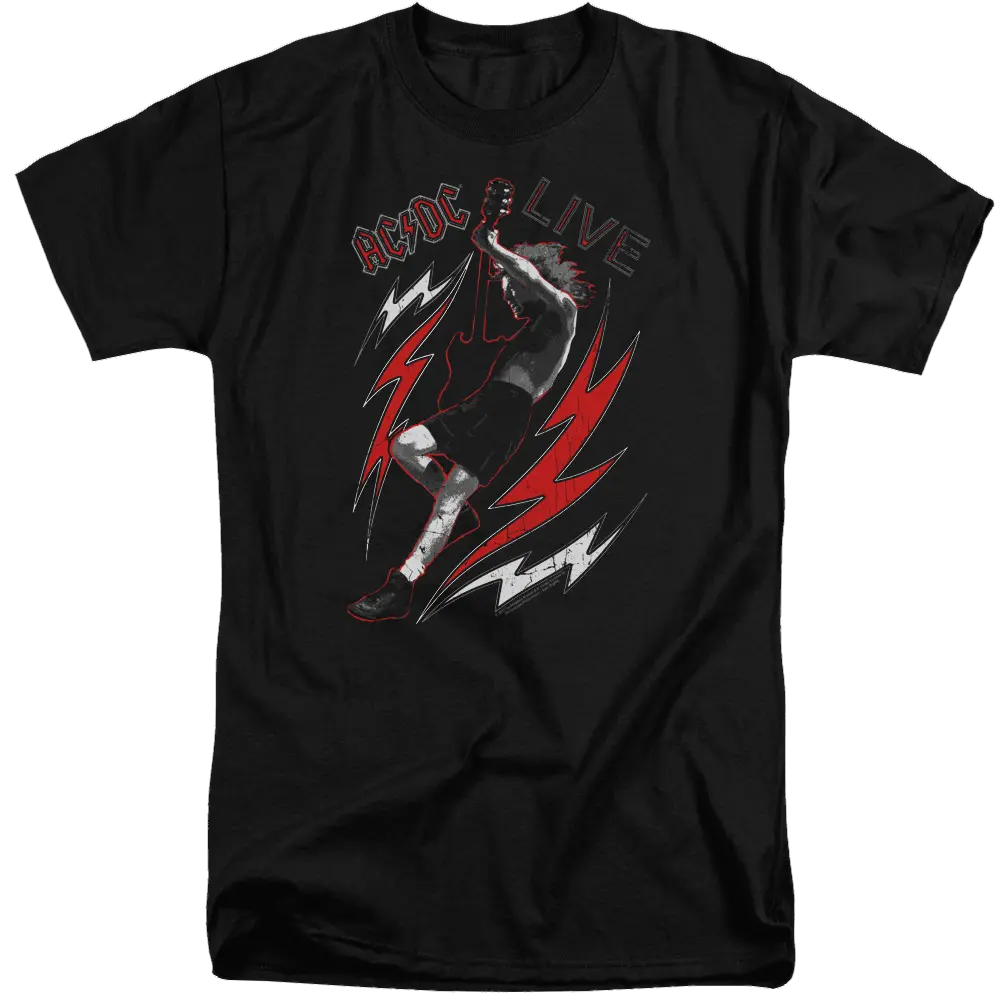 Black men's tall fit T-shirt with red and white AC/DC Live graphic of guitarist on front.