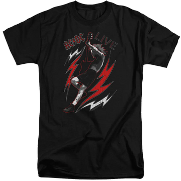 Black men's tall fit T-shirt with red and white AC/DC Live graphic of guitarist on front.