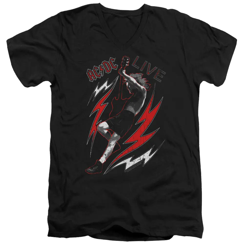 Black men's V-neck t-shirt featuring AC/DC Live graphic with guitarist and red-white lightning bolts.