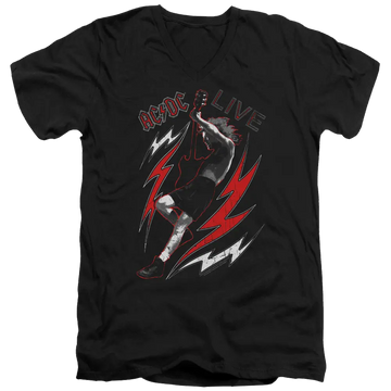 Black men's V-neck t-shirt featuring AC/DC Live graphic with guitarist and red-white lightning bolts.