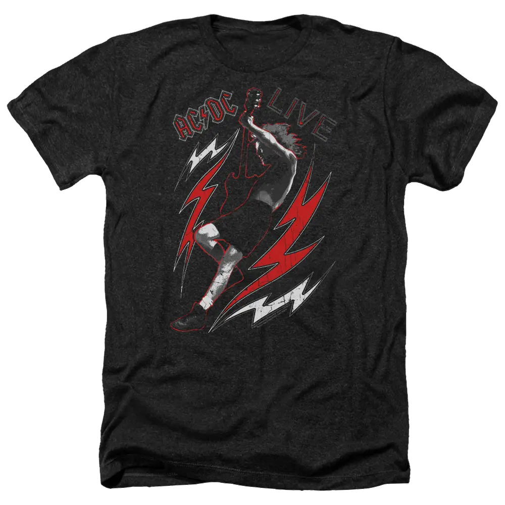 Charcoal heather men's t-shirt with AC/DC Live graphic featuring a leg and lightning bolts in red and white.