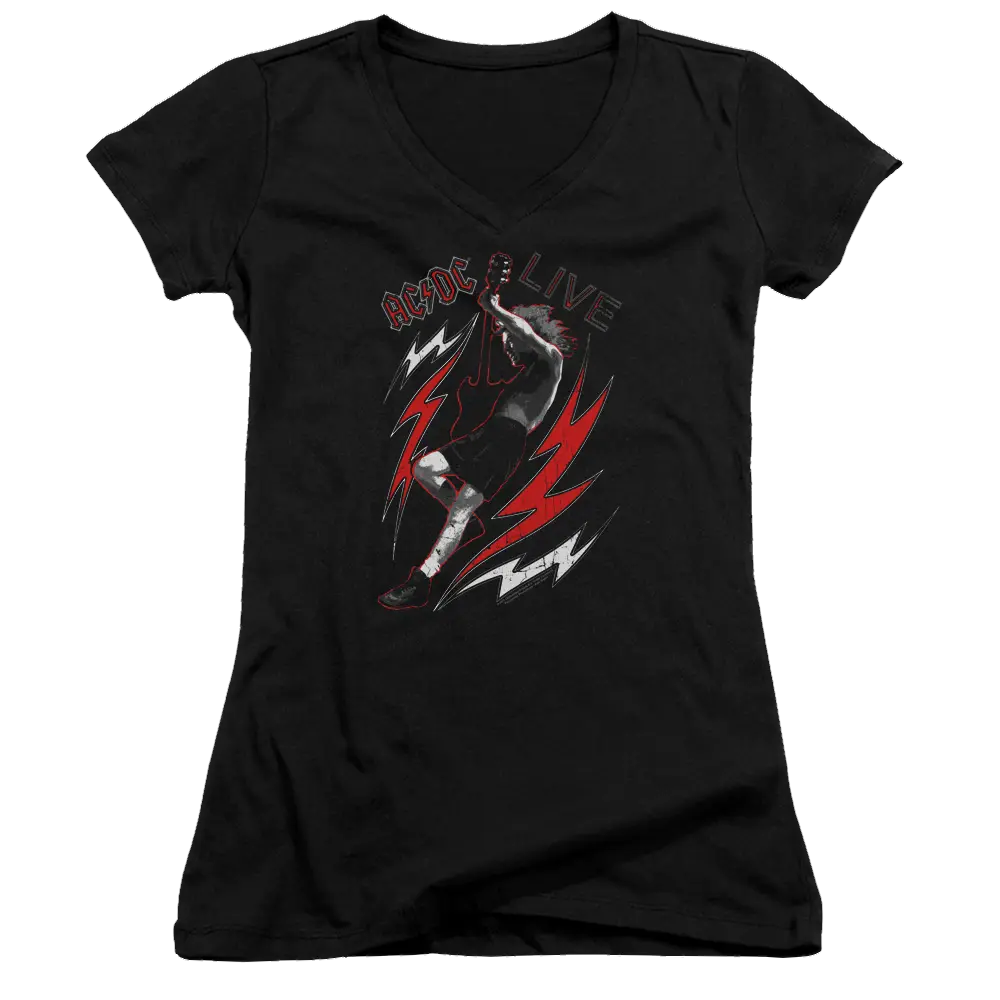 Black juniors V-neck t-shirt with AC/DC Live graphic featuring a guitarist and lightning bolts.