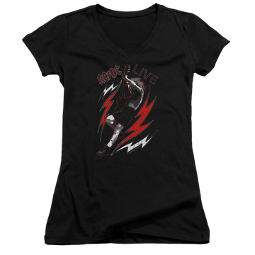 Black juniors V-neck t-shirt with AC/DC Live graphic featuring a guitarist and lightning bolts.