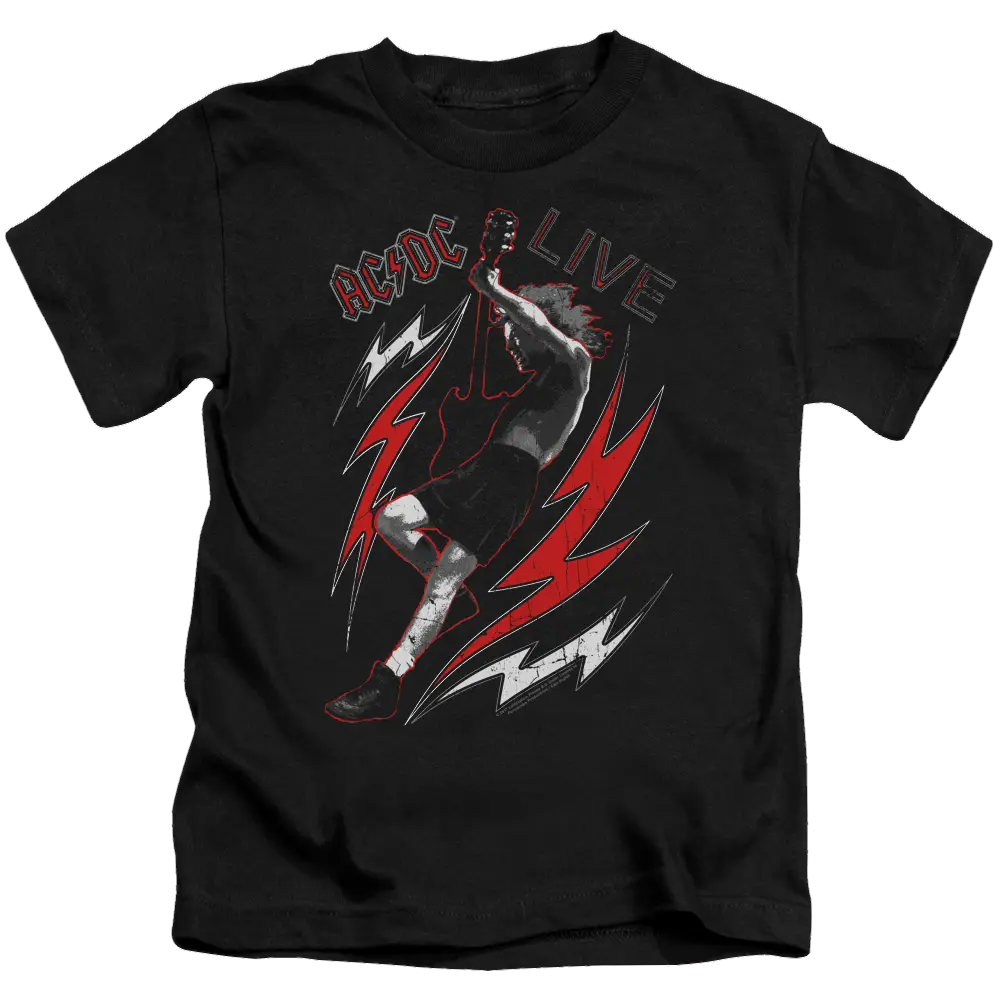 Black kid's T-shirt with red and white AC/DC Live graphic of a rock singer and lightning bolts.