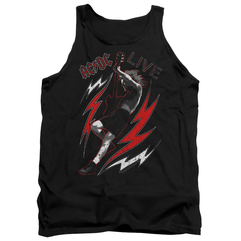 Black men's tank top with AC/DC Live graphic featuring a guitarist and red lightning bolts.