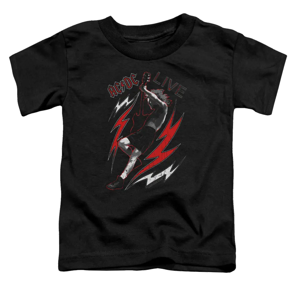Black toddler t-shirt with AC/DC Live graphic featuring a guitarist and red lightning bolts.