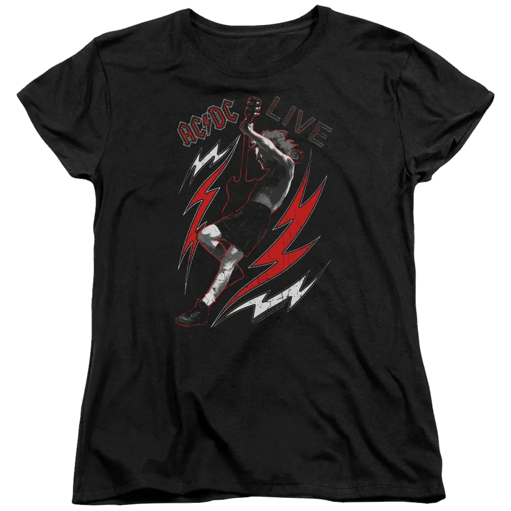 Black women's t-shirt with AC/DC Live graphic featuring a guitarist in mid-jump and red lightning bolts.