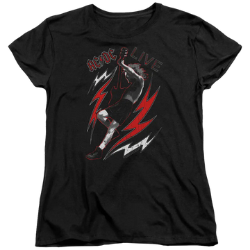 Black women's t-shirt with AC/DC Live graphic featuring a guitarist in mid-jump and red lightning bolts.