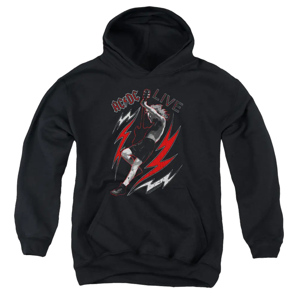 Black youth hoodie with AC/DC Live graphic featuring guitarist and red lightning bolts.