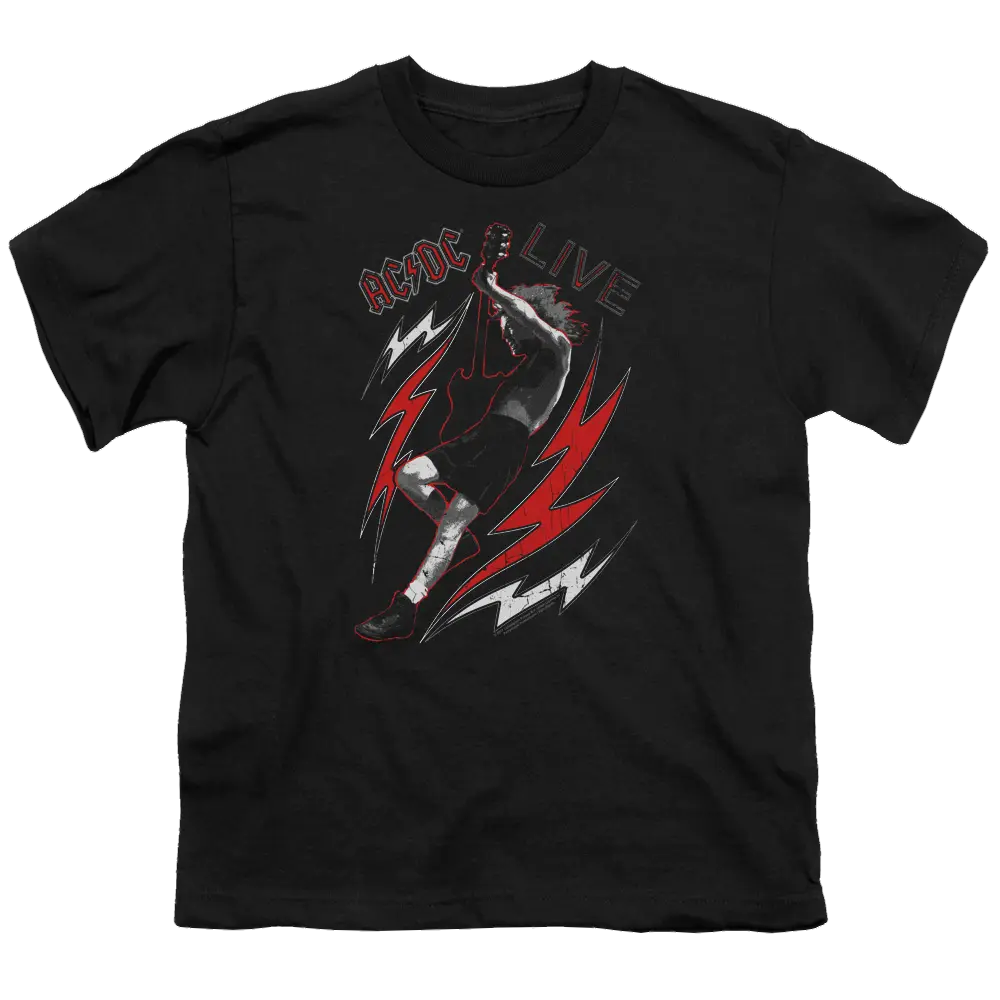 Black youth t-shirt with AC/DC Live graphic and red and white lightning bolt design.