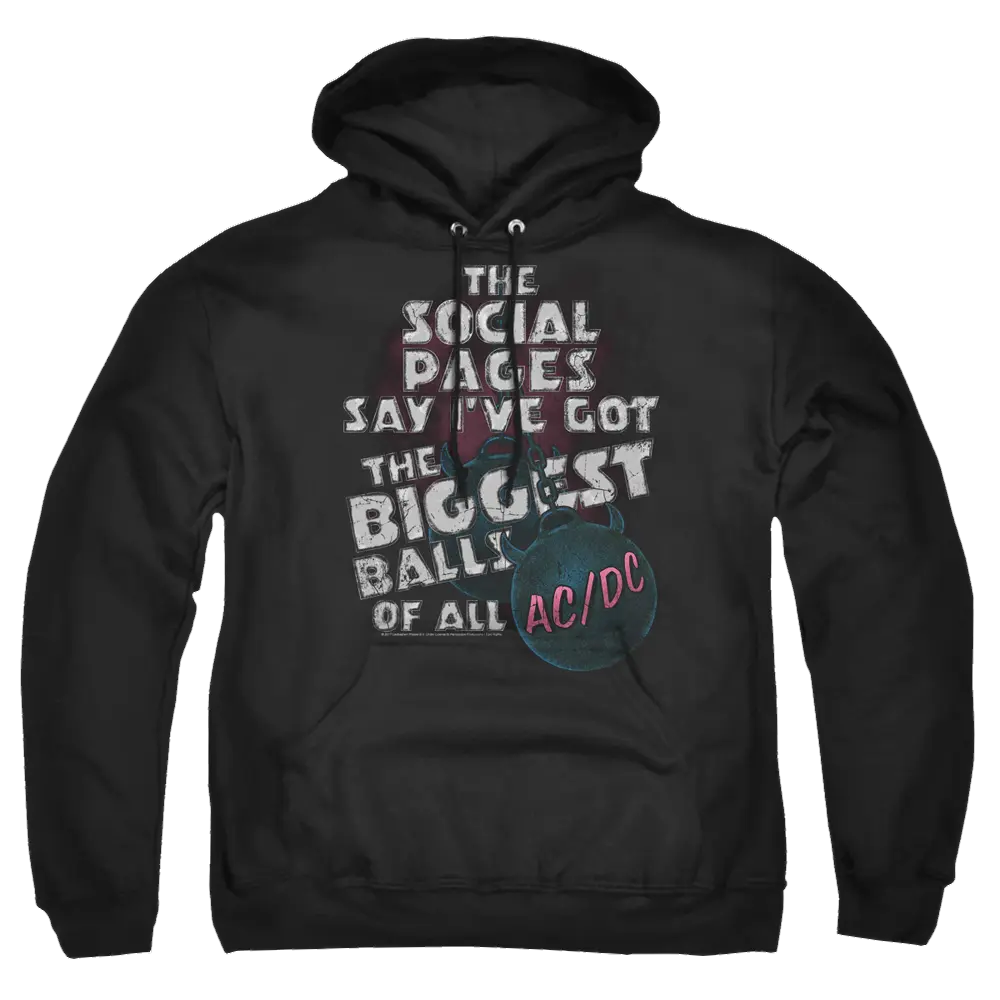 Black pullover hoodie with "The social pages say I've got the biggest balls of all AC/DC" text and guitar graphic.