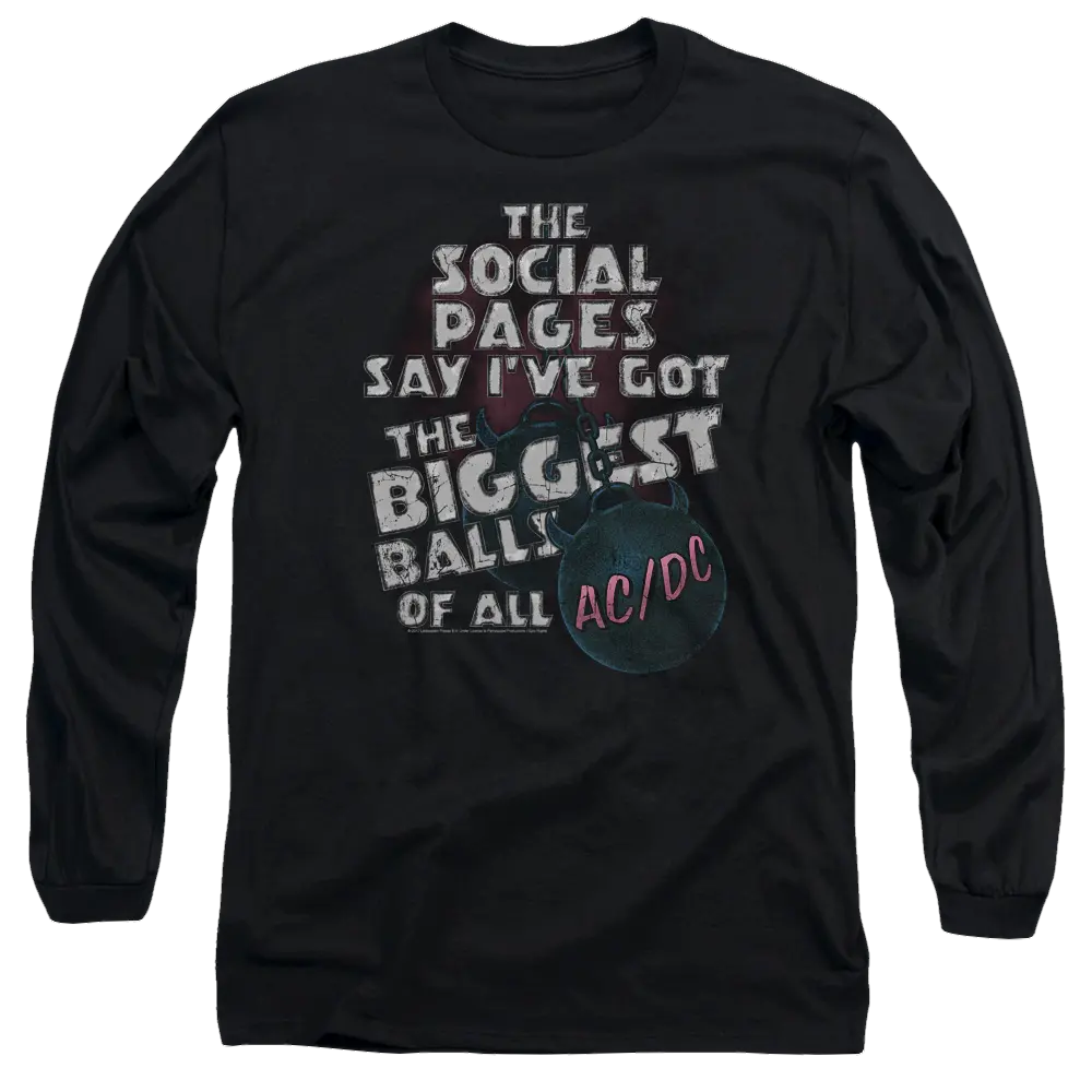 Black long sleeve men's T-shirt with white and red AC/DC Big Balls song lyric print on front.