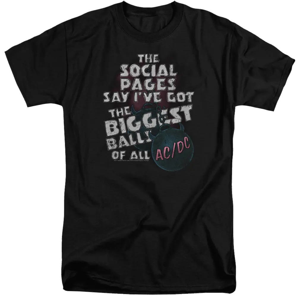 Black men's tall fit t-shirt with white and red AC/DC Big Balls graphic text design.