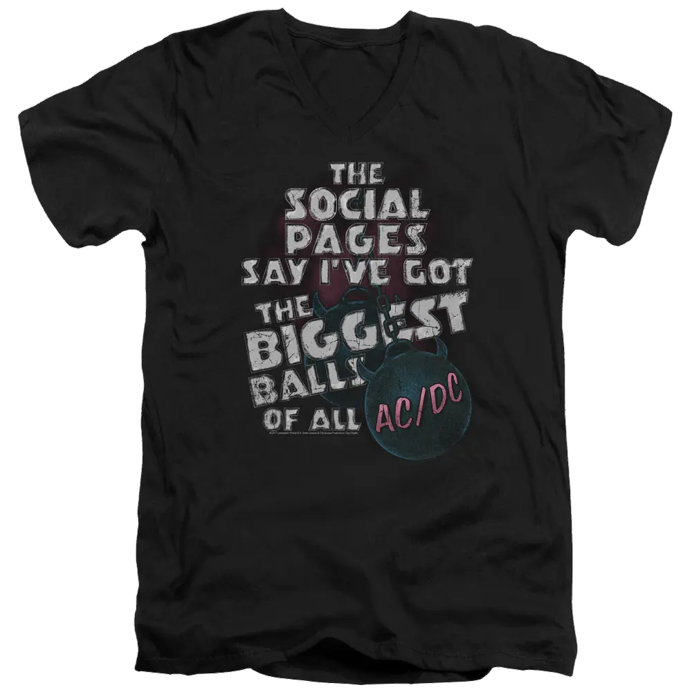 Black men's V-neck T-shirt with white and red AC/DC graphic text and an electric guitar illustration.