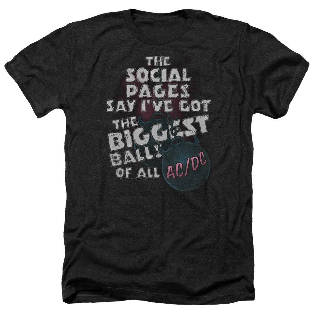 Charcoal men's heather T-shirt with white and blue text and AC/DC logo saying "The social pages say I've got the biggest.