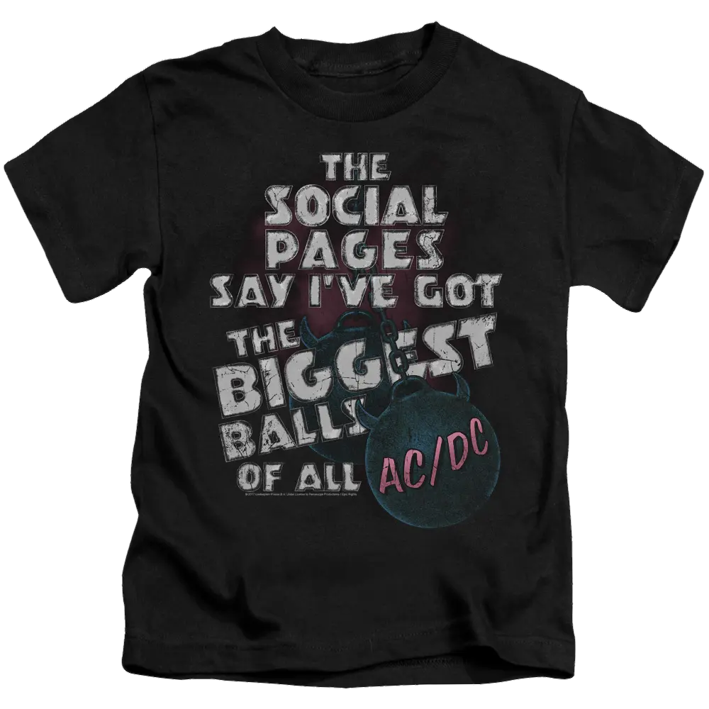 Black kid's t-shirt with AC/DC big balls graphic and white distressed text design.