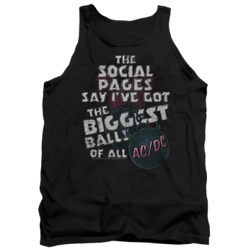 Black men's tank top with AC/DC text and "The social pages say I've got the biggest balls of all" graphic in white and red.