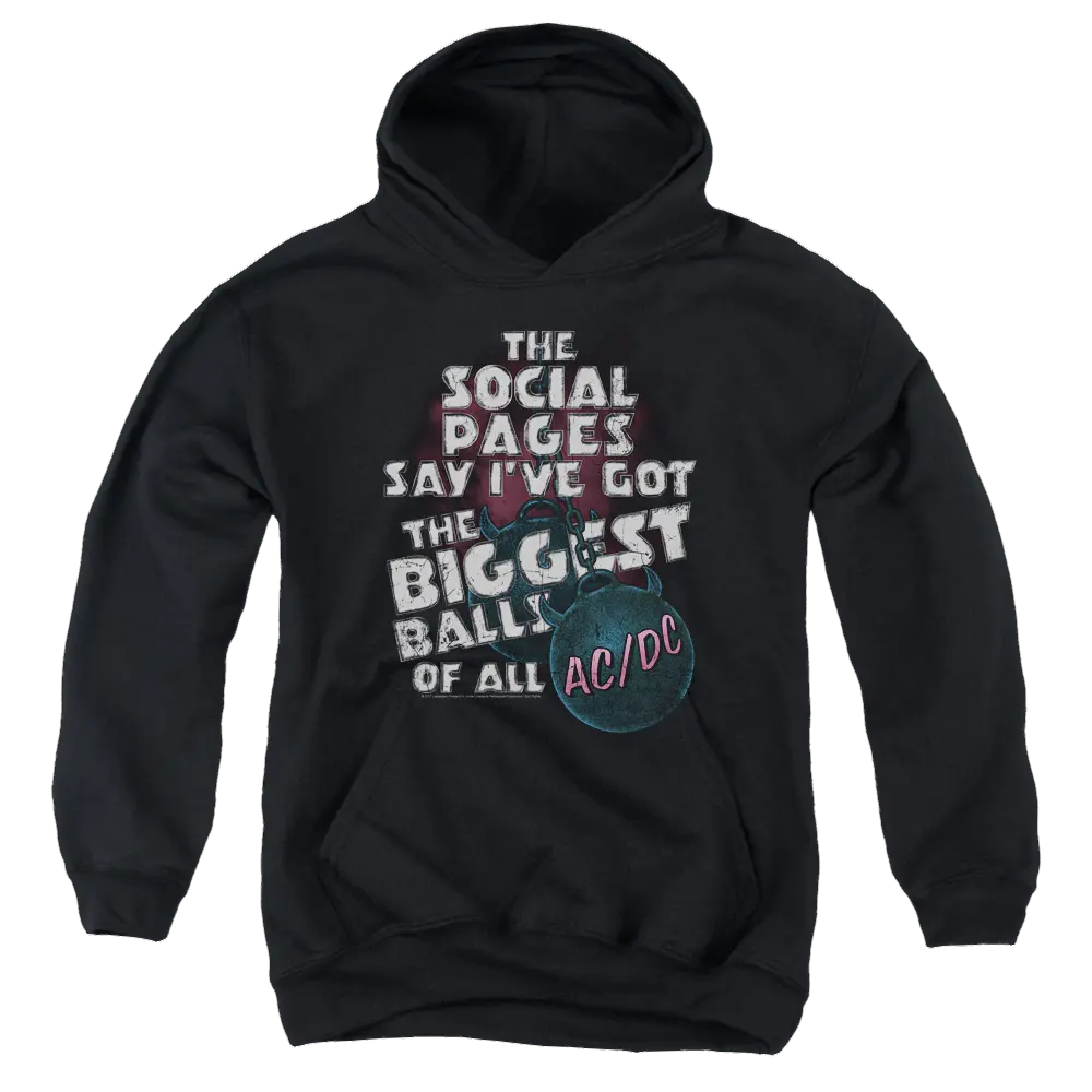 Black youth hoodie featuring multicolored AC/DC graphic text and electric guitar design on front.