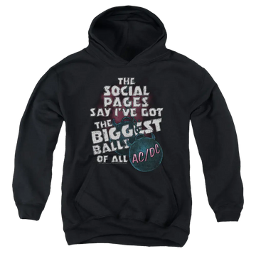 Black youth hoodie featuring multicolored AC/DC graphic text and electric guitar design on front.