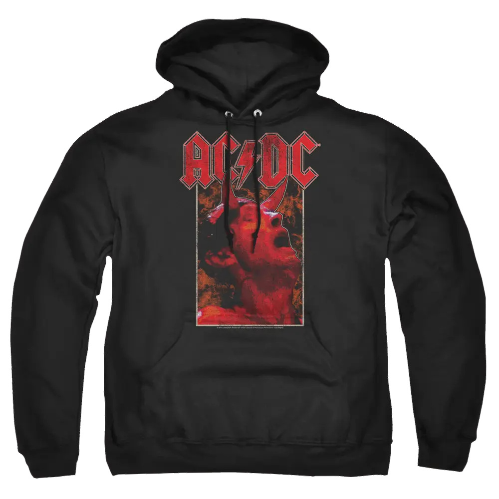 Black pullover hoodie with red AC/DC logo and hand making rock horns gesture graphic on front.