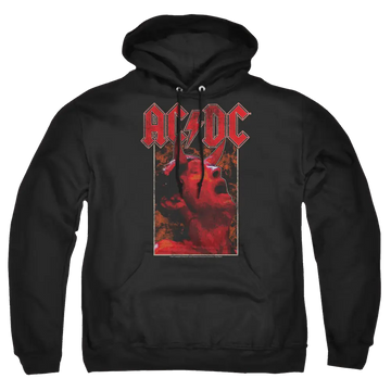 Black pullover hoodie with red AC/DC logo and hand making rock horns gesture graphic on front.