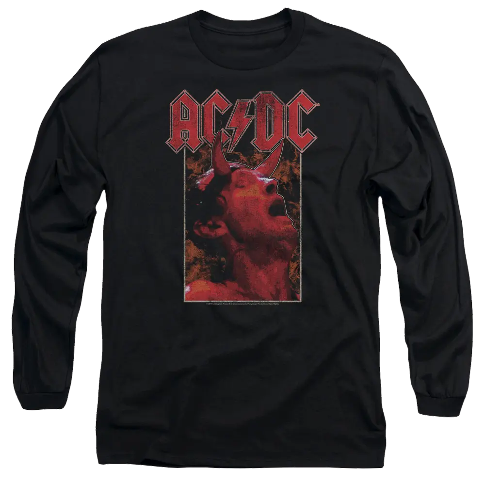 Black long sleeve t-shirt with red AC/DC logo and graphic of singer making horns hand gesture.