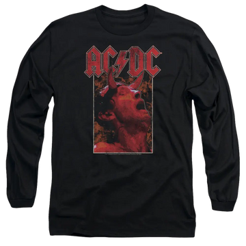 Black long sleeve t-shirt with red AC/DC logo and graphic of singer making horns hand gesture.