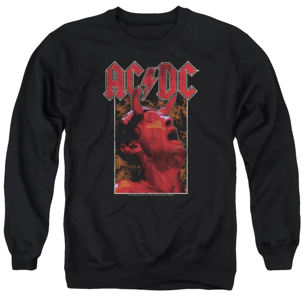 Black crewneck sweatshirt with red AC/DC logo and graphic of singer with devil horns.