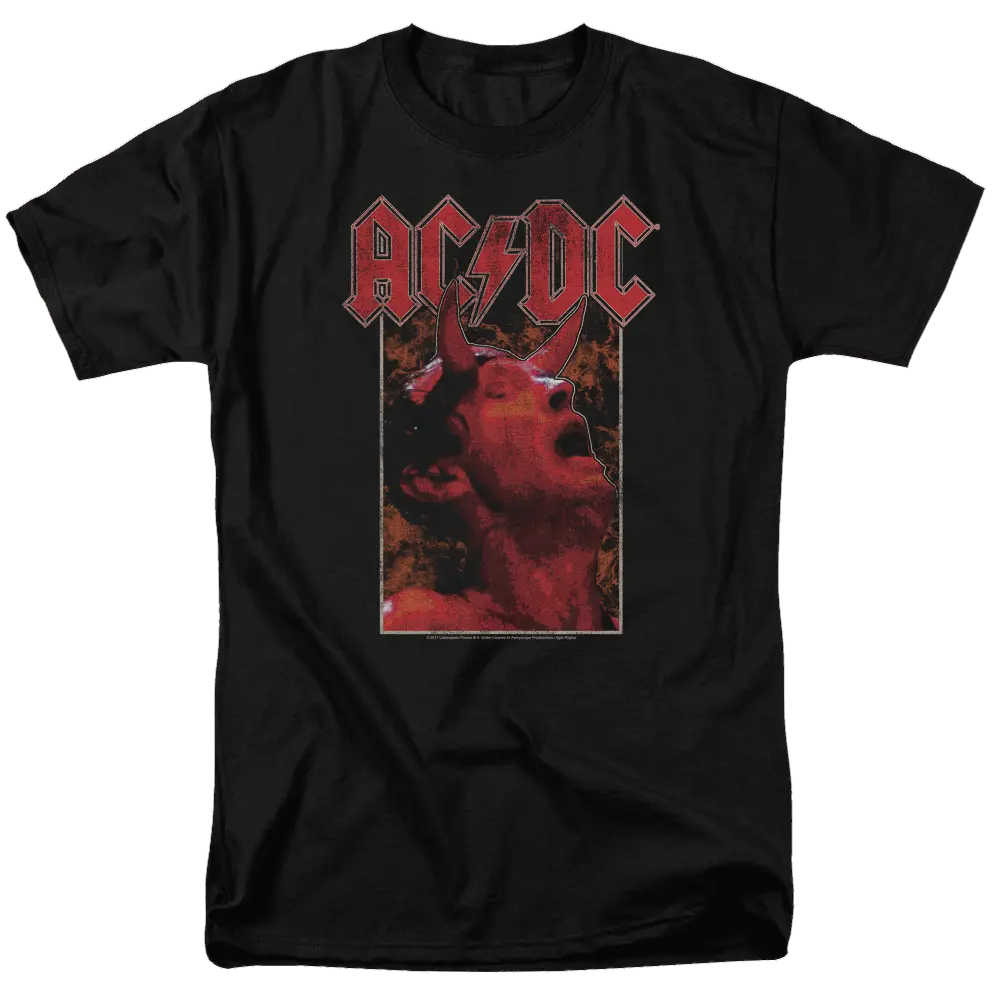 Black men's regular fit t-shirt with red AC/DC logo and fiery illustration of vocalist with horns.