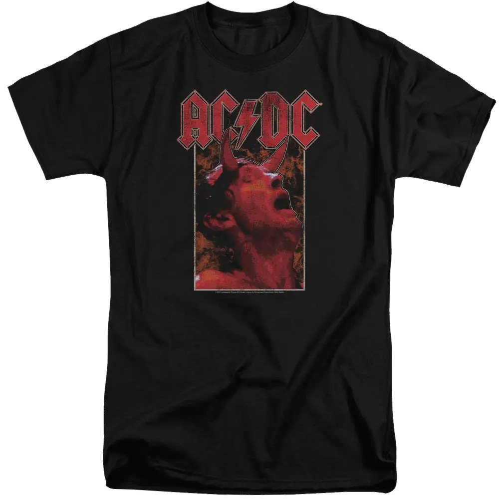 Black men's tall fit t-shirt with red AC/DC logo and graphic of singer with raised horns hand gesture.