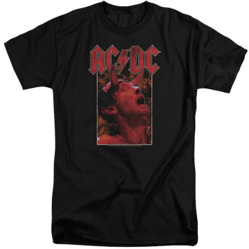 Black men's tall fit t-shirt with red AC/DC logo and graphic of singer with raised horns hand gesture.