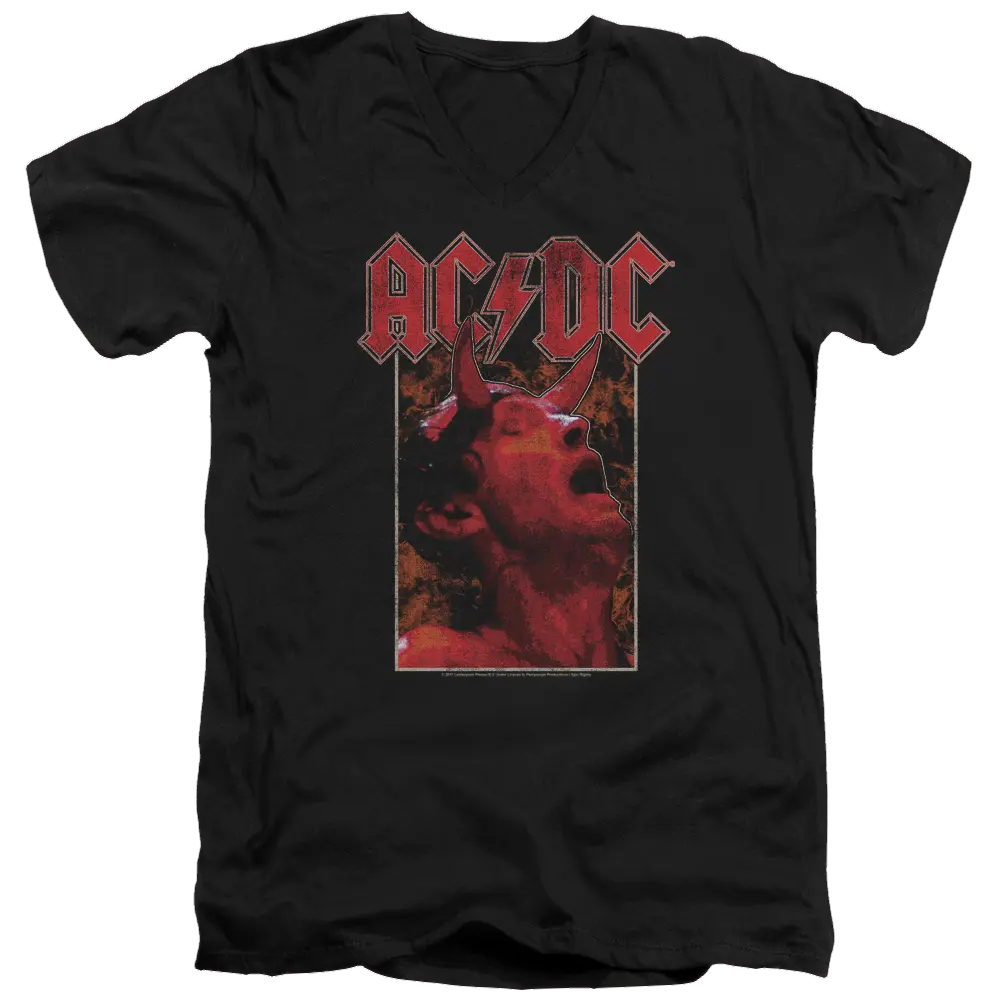 Black men's V-neck T-shirt with red AC/DC logo and devil horn graphic on front.