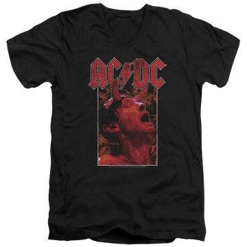 Black men's V-neck T-shirt with red AC/DC logo and devil horn graphic on front.