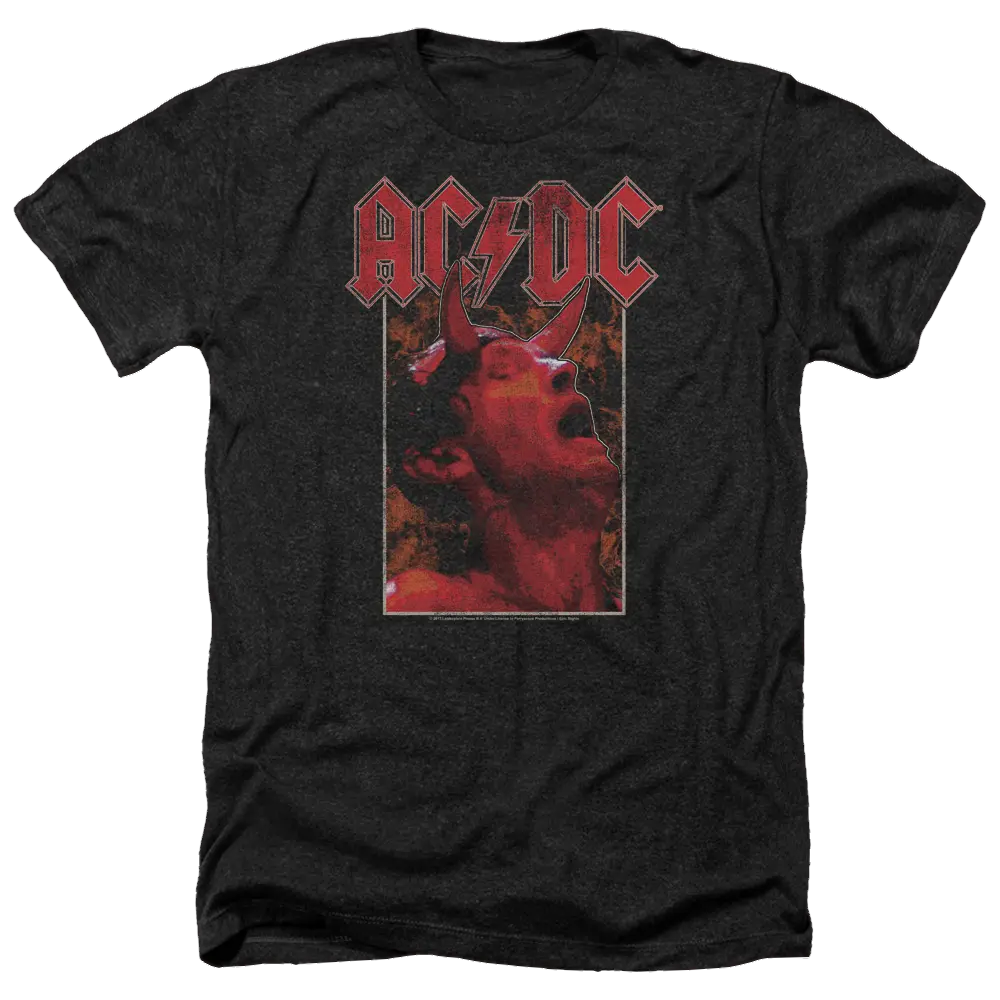 Charcoal heather men's T-shirt with red AC/DC logo and image of singer Brian Johnson performing.