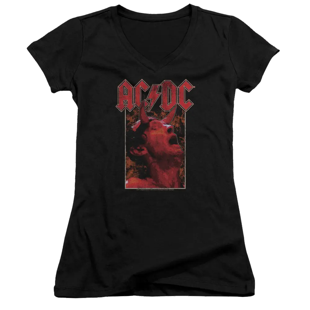 Black juniors V-neck t-shirt with red AC/DC Horns band graphic on front.