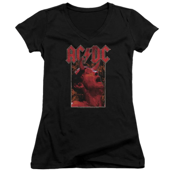 Black juniors V-neck t-shirt with red AC/DC Horns band graphic on front.