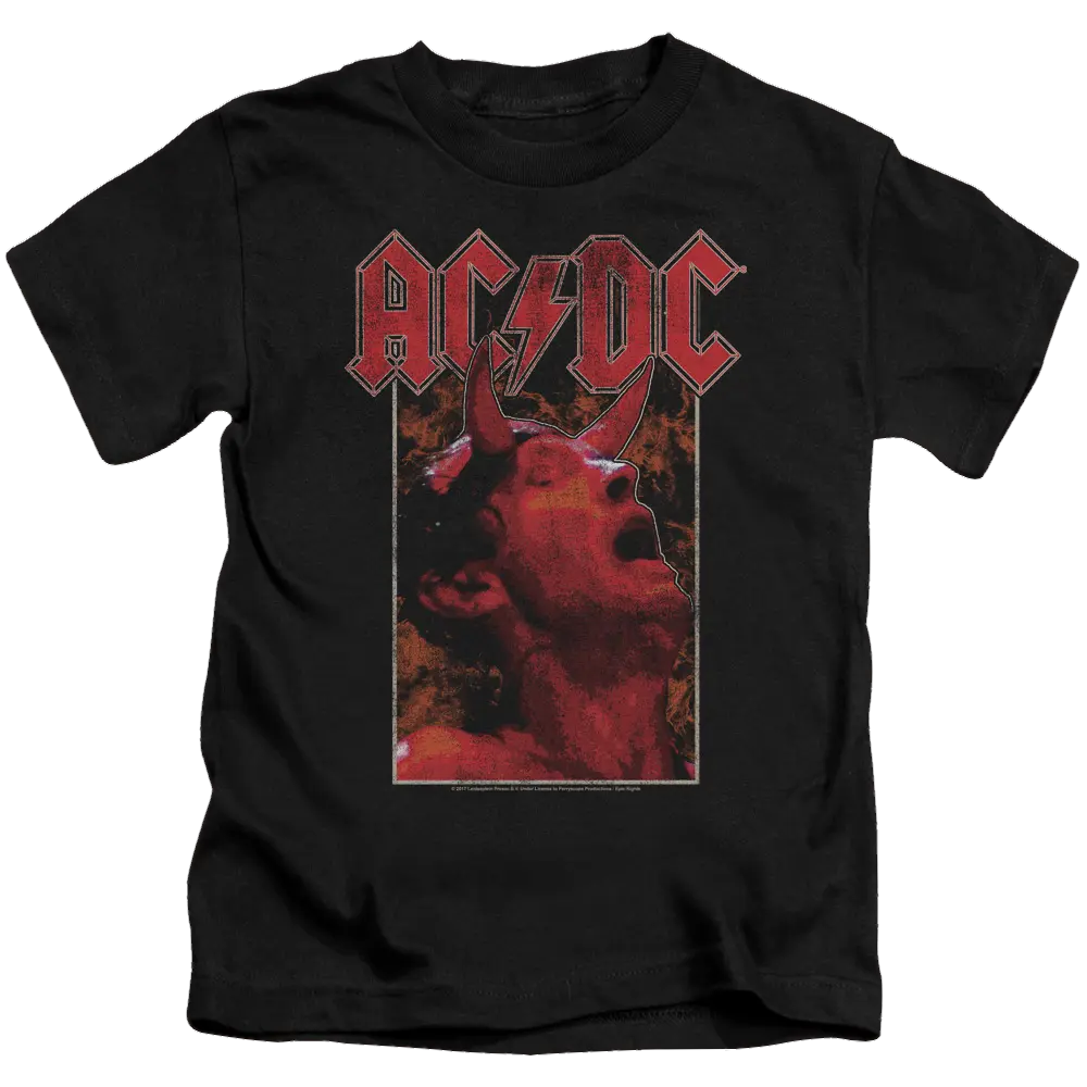 Black kids' t-shirt with red AC/DC logo and graphic of a singer with devil horns.