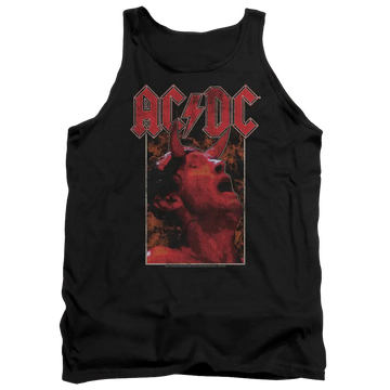 Black men's tank top featuring red AC/DC logo above a graphic of a singer performing live.
