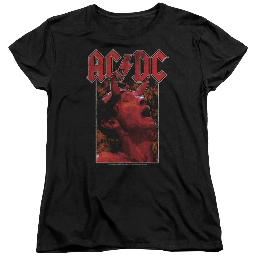 Black women's t-shirt featuring red AC/DC logo and graphic of singer with horns on head singing.