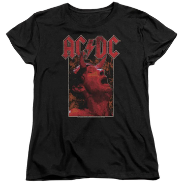 Black women's t-shirt featuring red AC/DC logo and graphic of singer with horns on head singing.