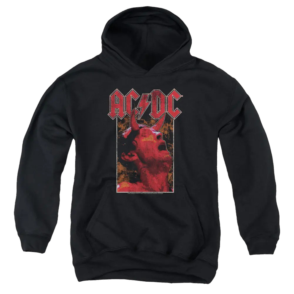 Black youth hoodie with AC/DC logo in red and graphic of red devil horns playing guitar on front.