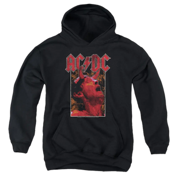 Black youth hoodie with AC/DC logo in red and graphic of red devil horns playing guitar on front.