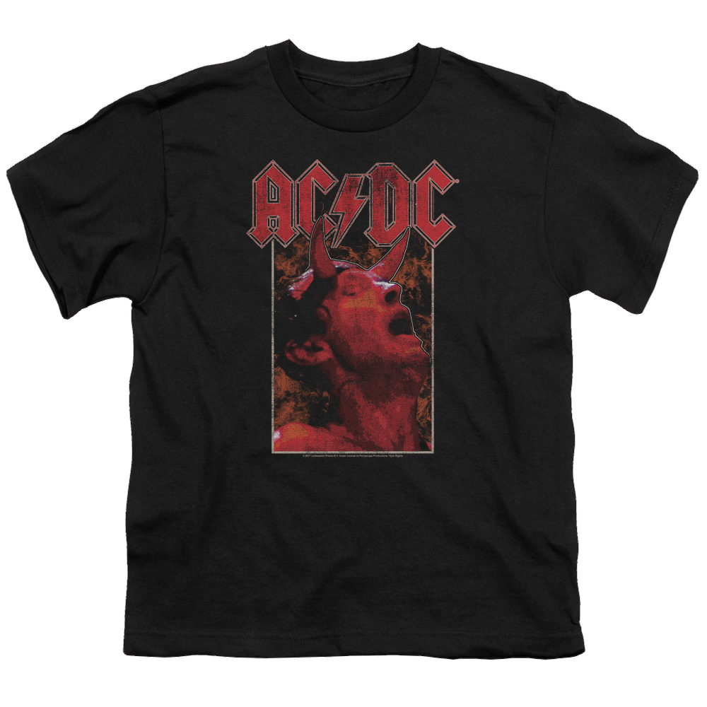 Black youth t-shirt featuring red AC/DC logo and a close-up image of a singer with devil horns and microphone.