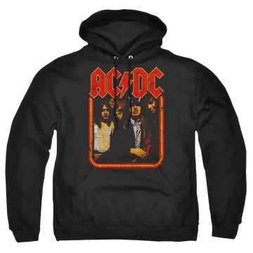 Black pullover hoodie with distressed red AC/DC logo and vintage band photo on front.