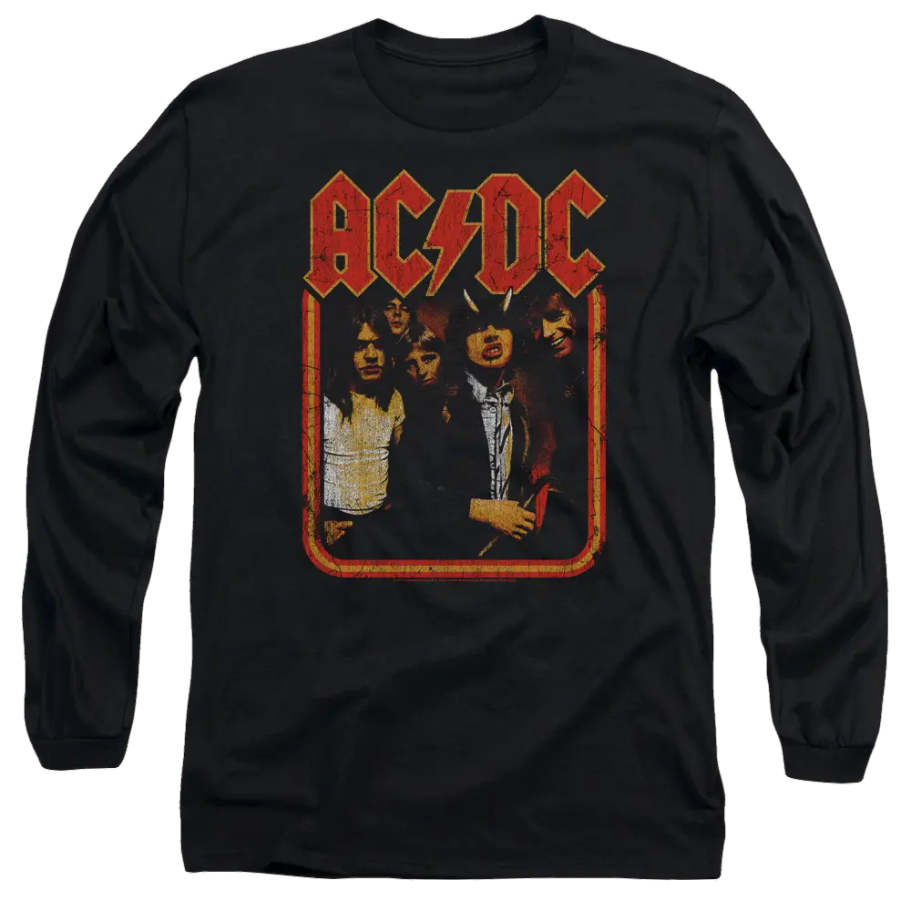 Black long sleeve t-shirt with vintage AC/DC band photo and distressed red logo on front.