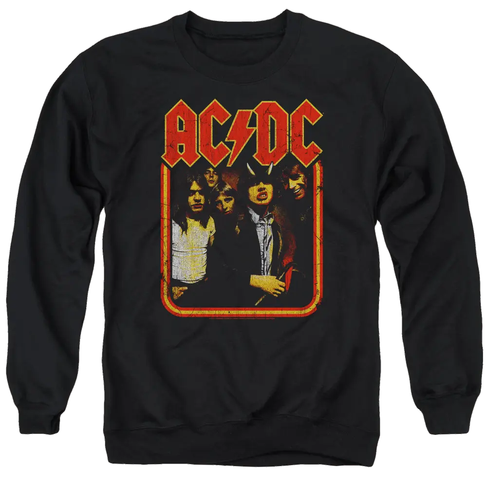 Black crewneck sweatshirt with distressed AC/DC band logo and vintage group photo on front.