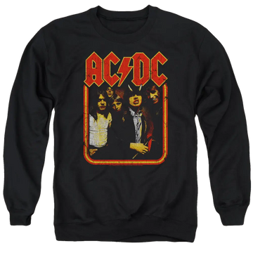 Black crewneck sweatshirt with distressed AC/DC band logo and vintage group photo on front.